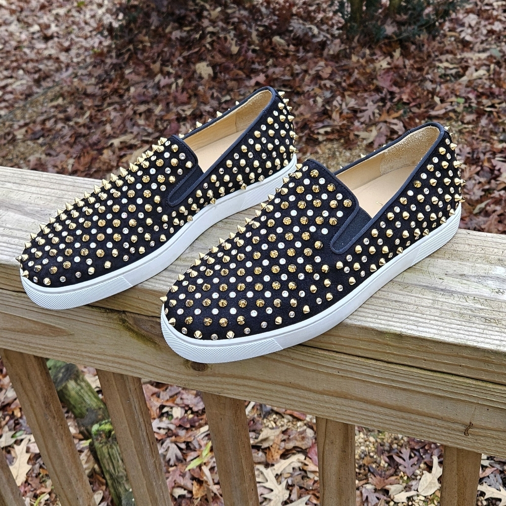 Men's Christian Louboutin Black Suede Spike-Studded Luxury Loafers Size 10 US - Picture 2 of 16